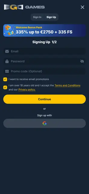 Registrační formulář v angličtině na webu EgoGames